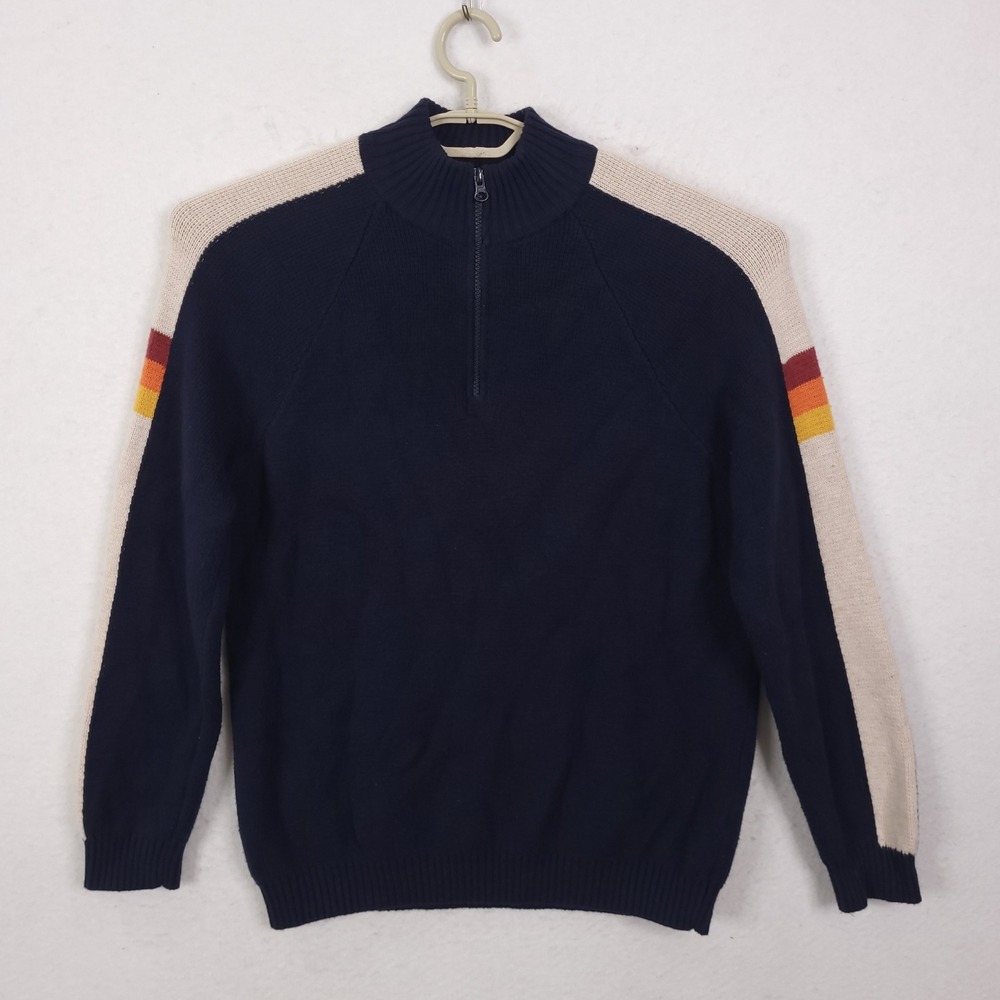 Marine Layer Archive Quarter Zip Sweater Mens M Navy Blue Retro Stripe Pullover